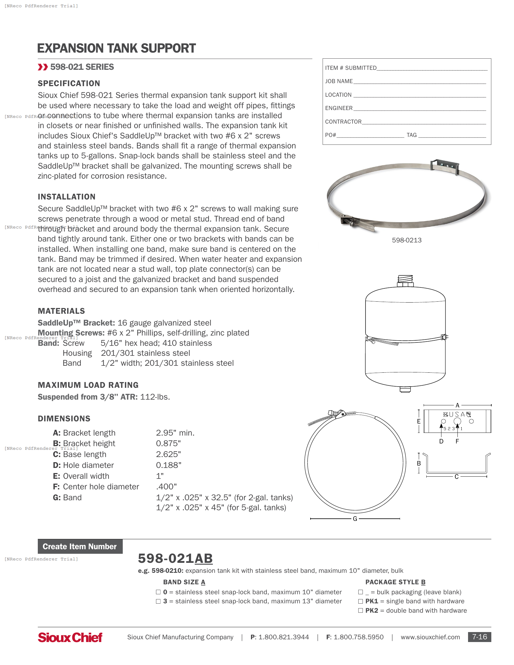 598-021 SERIES - EXPANSION TANK SUPPORT KIT - SPEC SHEET.PDF Specification Document